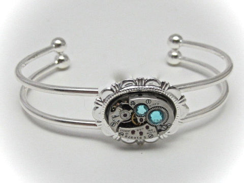 Steampunk Bracelet - In the Works - Steampunk watch parts cuff - Aquamarine bracelet - Repurposed - Steampunk jewelry - March Birthday