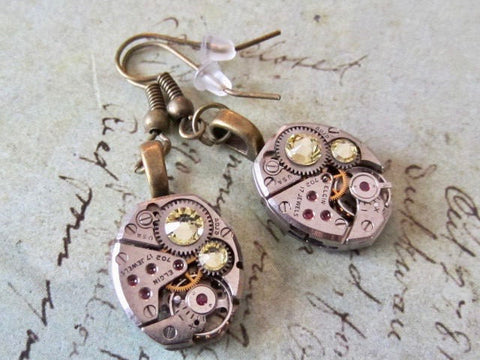 Citrine  - Steampunk Earrings - Repurposed art