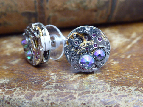 Steampunk Stud Earrings with Mechanical Watch Movement, Steampunk Earrings , Steampunk jewelry
