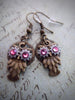 Steampunk owl earring - Steampunk earrings - Owls - Fuschia swarovski crystals