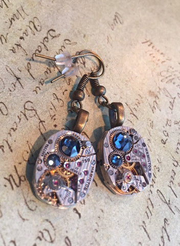 Steampunk earrings watch parts Hamilton movements Deep Blue earrings Steampunk Watch movement Handmade Bridesmaid Gift Birthday for her