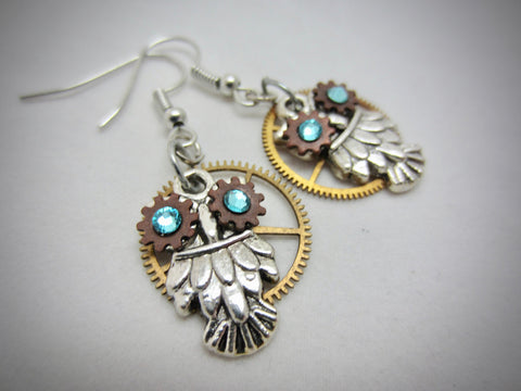 Owl Earrings, Steampunk, Unique Earrings, Weird Earrings, Dangle & Drop, Lightweight Earrings, Cool Earrings, Turquoise