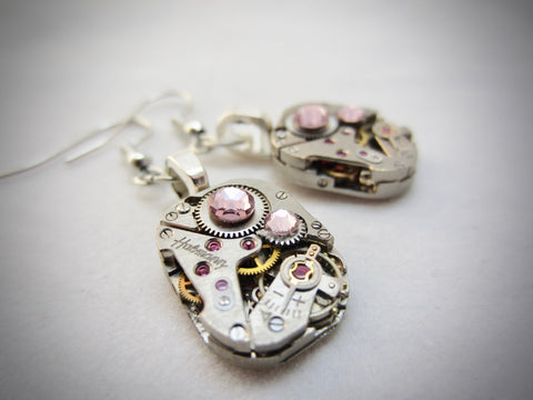 Steampunk ear gear - watch movement - Light Amethyst - Steampunk Earrings - Repurposed art