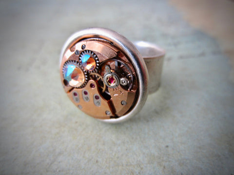 Steampunk Ring - Rose Gold watch movement - statement ring - Repurposed - recycled