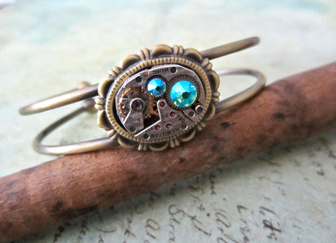 Peridot Shimmer cuff Bracelet - Steampunk - In the Works - Steampunk watch parts cuff - August Birthstone - unique - one of a kind - cuff