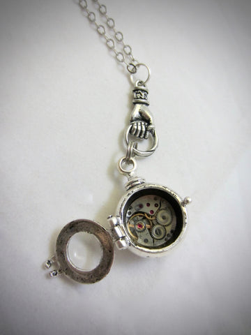 Nautical necklace watch movement - Steampunk Necklace - Diving Helmet with Vintage watch movement - antique silver pendant - gift for her