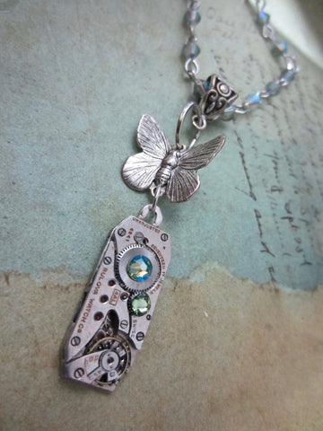 STeampunk necklace - Butterfly - Steampunk watch movement necklace - Peridot Borealis - Swarovski Crystal - birthday for her