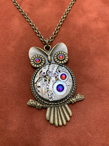 Steampunk Pendant , Who's Time , Steampunk Necklace , Owl pendant , With Borealis Swarovski Crystals in Volcano