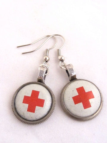 Rescued  XI- Steampunk Earrings - Made with Real Vintage Red Cross Pins from the 1920's