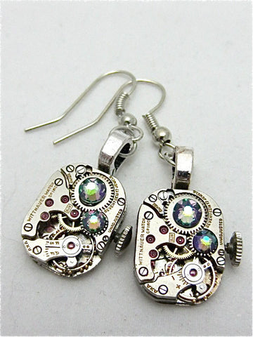 Steampunk earrings  - smokey A/B - Steampunk jewelry made with real vintage watch parts