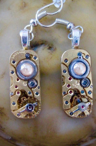 Steampunk - Gold and Pearl - Dangle earrings  - Steampunk Earrings - Repurposed art