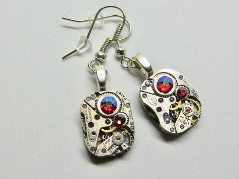 Steampunk watch earrings - Almost Time  - Steampunk Earrings - Fuschia shimmer Swarovski Crystals - Repurposed art