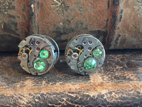 Steampunk Stud Earrings with Mechanical Watch Movement, Steampunk Earrings , Steampunk jewelry Peridot