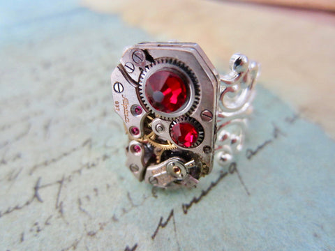 Ruby Watch movement Victorian style silver adjustible ring - Steampunk - Swarovski crystals in Ruby | July