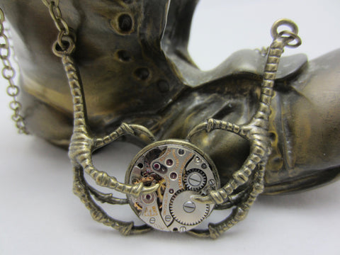 Bronze claw pendant - Steampunk Jewelry - Unique jewelry for kids - Claw holding Vintage watch movements