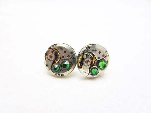 Steampunk Stud Earrings with Mechanical Watch Movement - Post Earrings - Emerald - May Birthstone - Steampunk jewelry - gift for mom