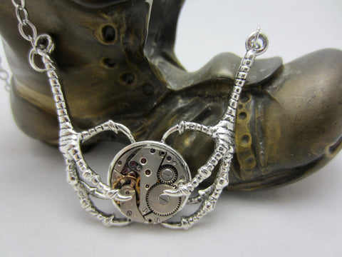 Silver claw pendant - Steampunk Jewelry - Unique jewelry for kids - Claw holding Vintage watch movements