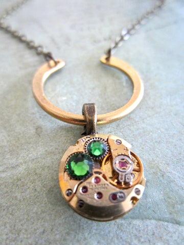Emerald Steampunk Jewelry Necklace - Watch part necklace - Steampunk Necklace - Gold Watch Movement Repurposed Art