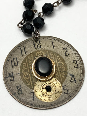 Steampunk Necklace - Juncture - Pocket watch face - Onyx - gift for mom - Birthday gift for her