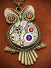 Steampunk Pendant , Who's Time , Steampunk Necklace , Owl pendant , With Borealis Swarovski Crystals in Volcano
