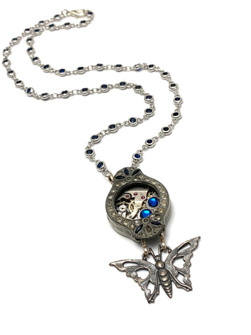Steampunk watch Sapphire and Diamond case Necklace - Flutter - Butterfly Swarovski crystal - gift for mom - Birthday gift for her