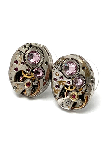 Steampunk Stud Earrings with Mechanical Watch Movement - Post - LiGht Amethyst - February Birthstone - Steampunk jewelry - gift for mom