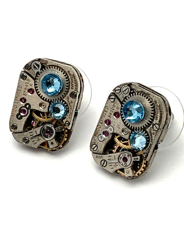 Steampunk Stud Earrings with Mechanical Watch Movement, Steampunk Earrings , Steampunk jewelry, Aqua Marine Swarovski crystals